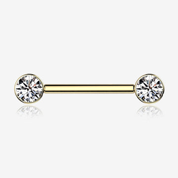 A Pair of Implant Grade Titanium Golden Bezel Set Sparkle Internally Threaded Nipple Barbell-Clear Gem